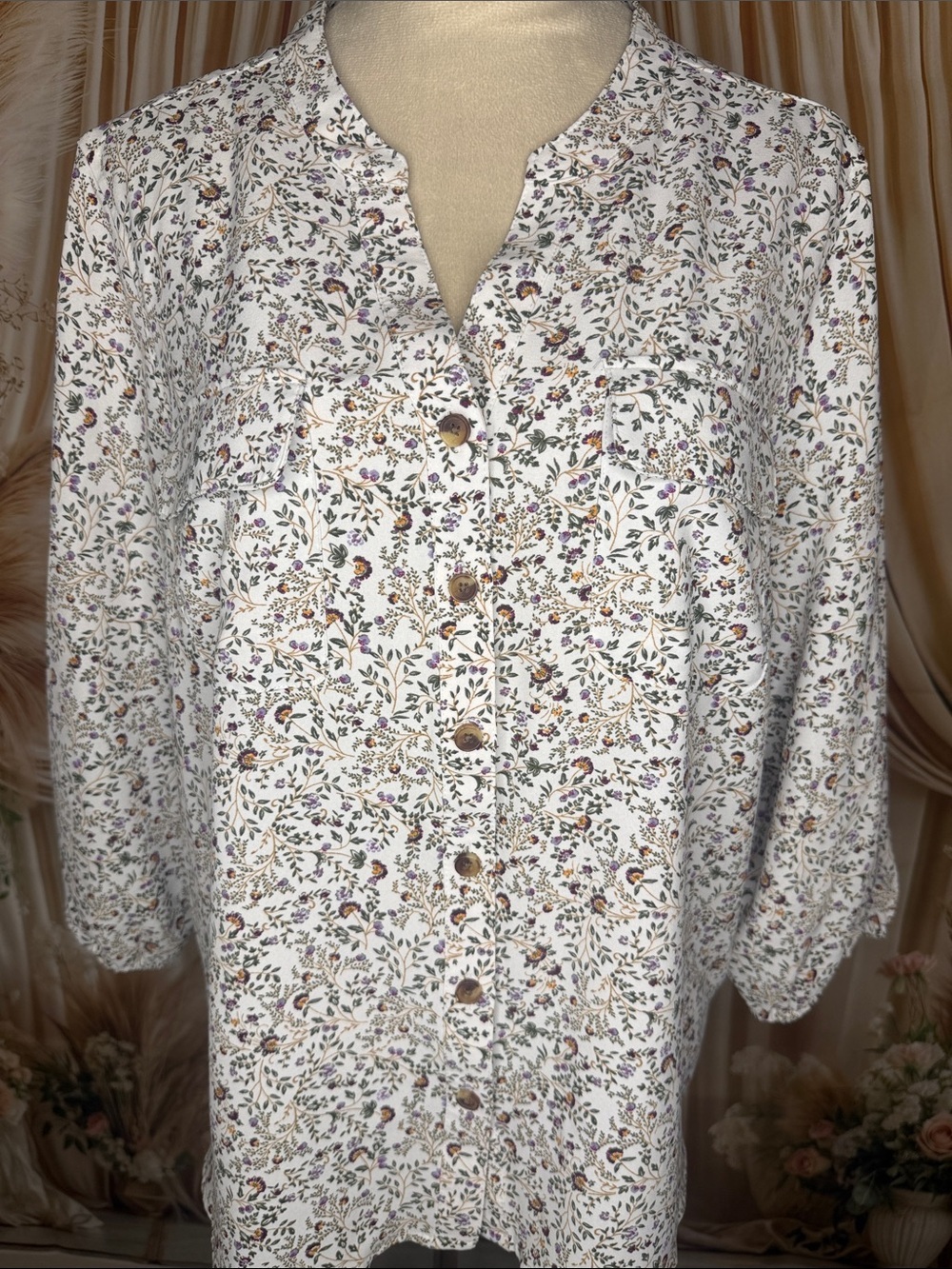 croft & barrow White Floral Button-Front Blouse with Purple and Green Print NWOT